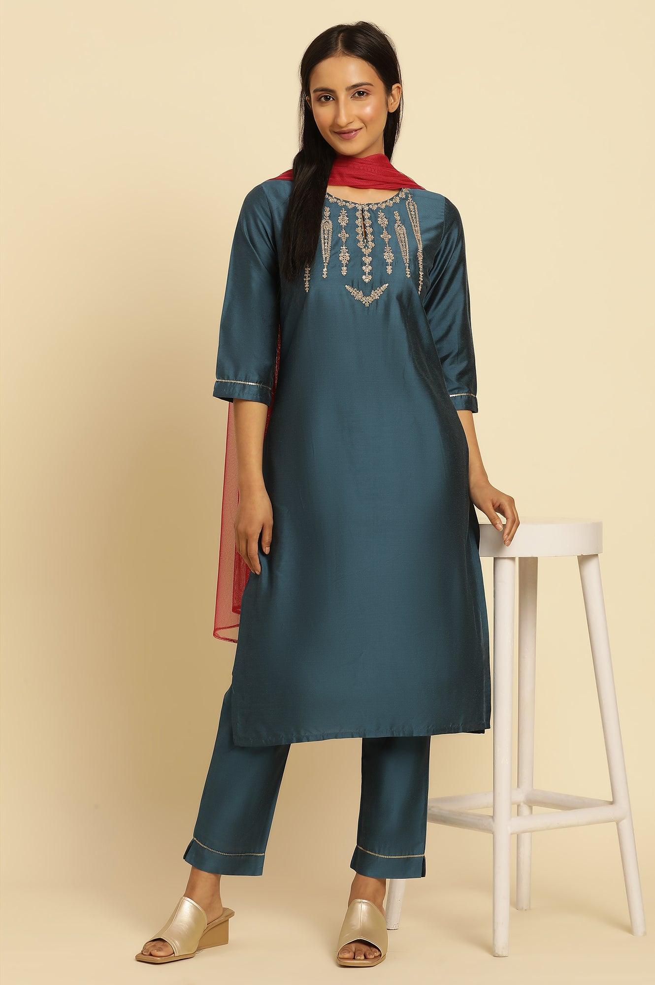 W for Woman Blue Embroidered Shantung Kurta, Pants And Dupatta Set