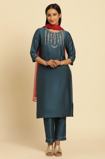 W for Woman Blue Embroidered Shantung Kurta, Pants And Dupatta Set