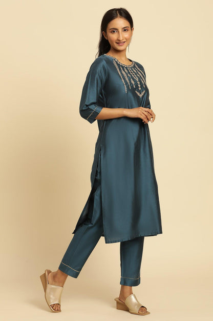 W for Woman Blue Embroidered Shantung Kurta, Pants And Dupatta Set