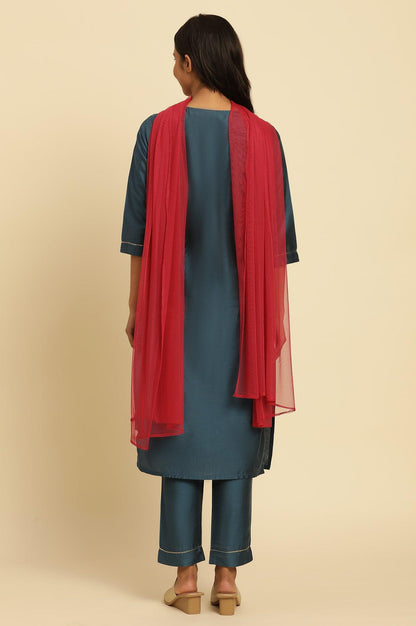 W for Woman Blue Embroidered Shantung Kurta, Pants And Dupatta Set