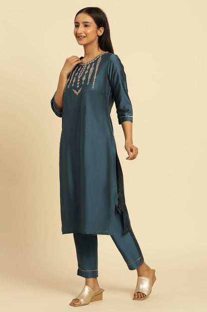 W for Woman Blue Embroidered Shantung Kurta, Pants And Dupatta Set