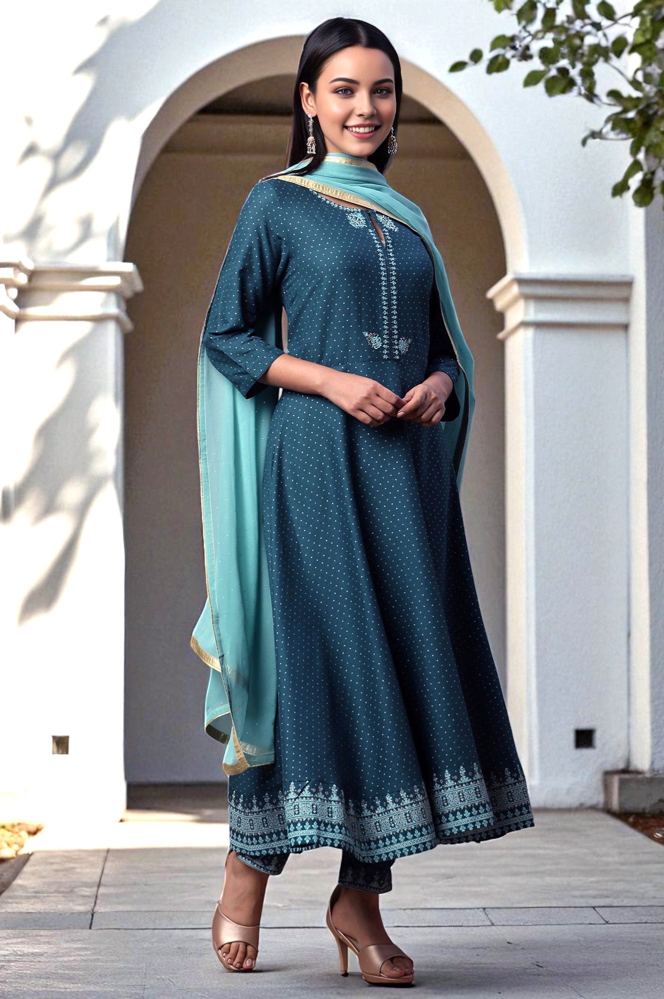 W for Woman Teal Green Embellished Flared Kurta, Pants And Dupatta Set