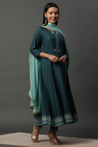 W for Woman Teal Green Embellished Flared Kurta, Pants And Dupatta Set