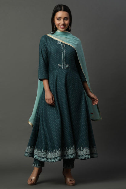 W for Woman Teal Green Embellished Flared Kurta, Pants And Dupatta Set