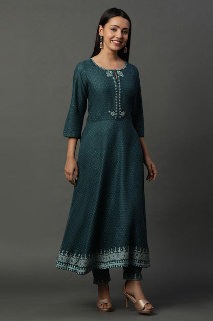 W for Woman Teal Green Embellished Flared Kurta, Pants And Dupatta Set