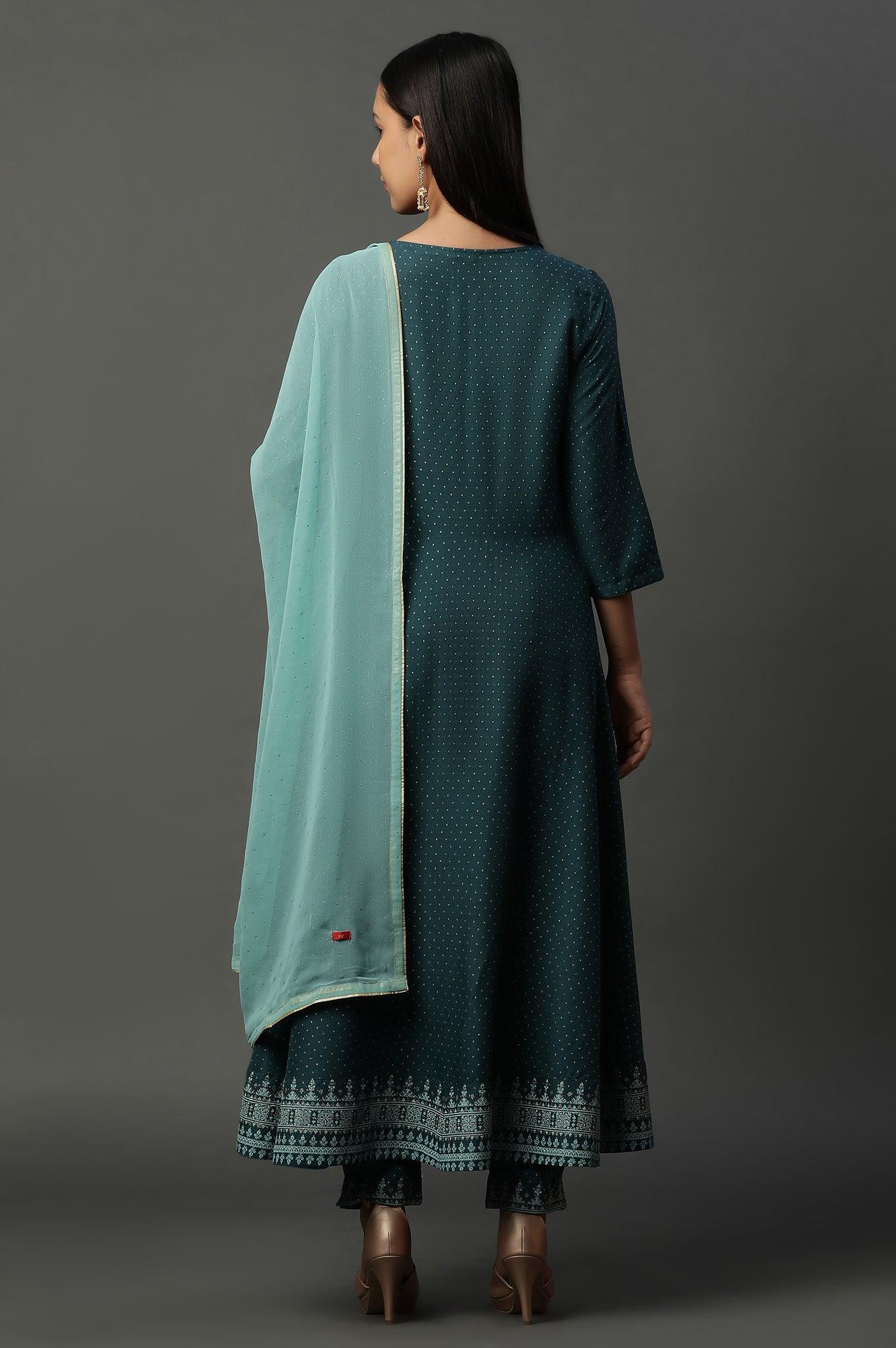 W for Woman Teal Green Embellished Flared Kurta, Pants And Dupatta Set