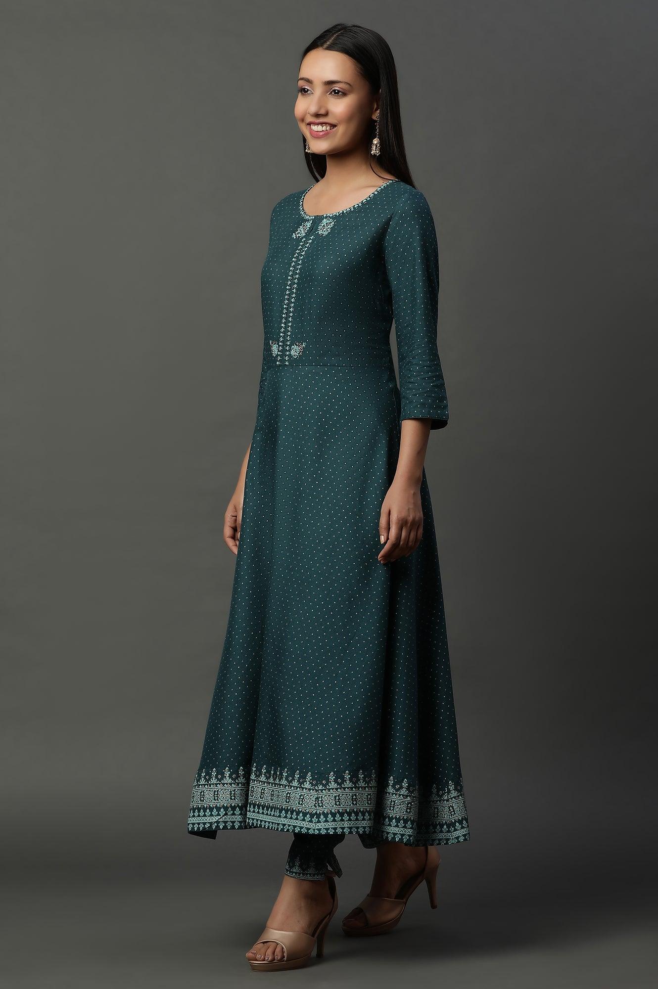 W for Woman Teal Green Embellished Flared Kurta, Pants And Dupatta Set