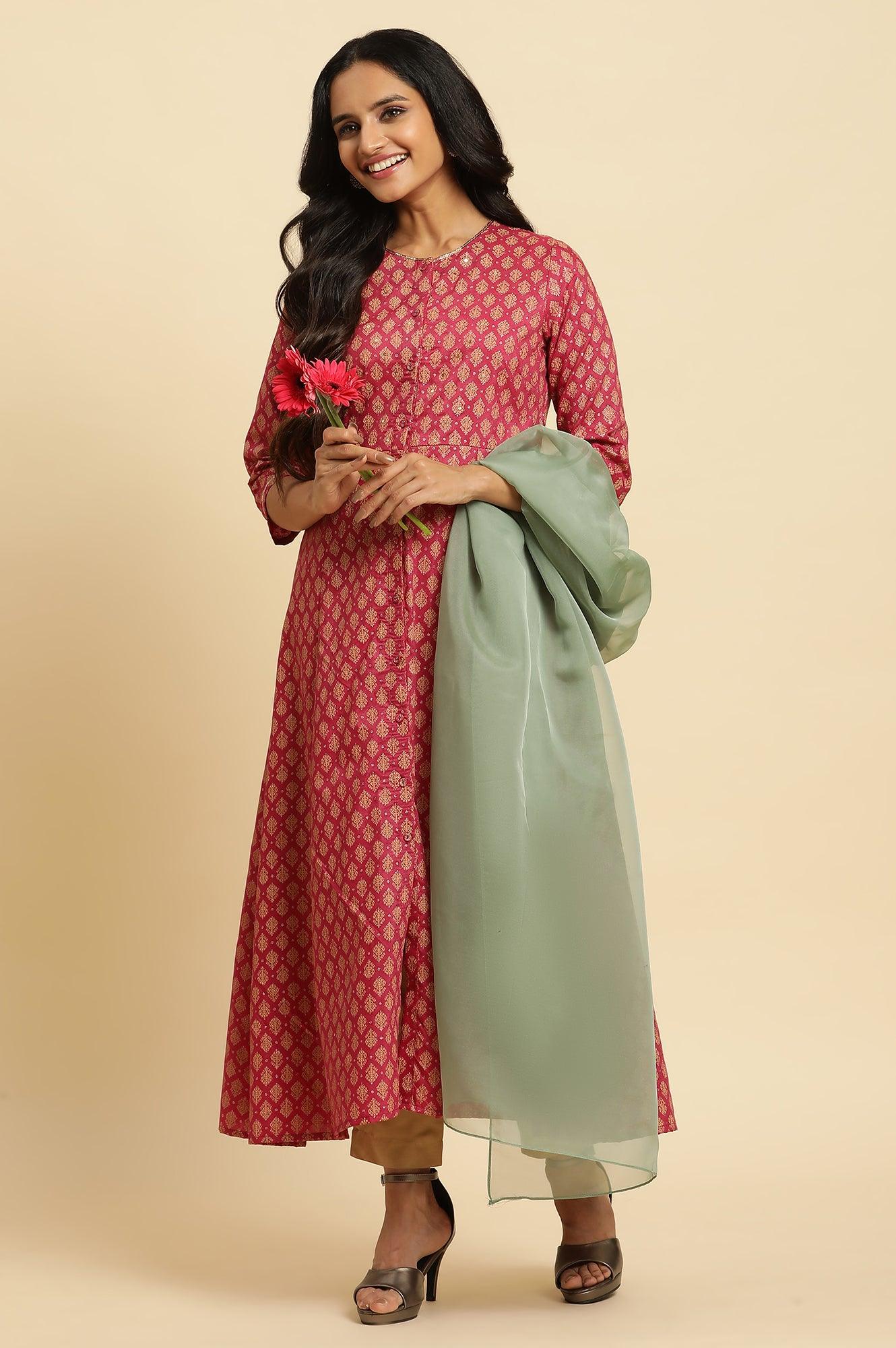 W for Woman Maroon Flared Festive Kurta, Pants And Organza Dupatta Set