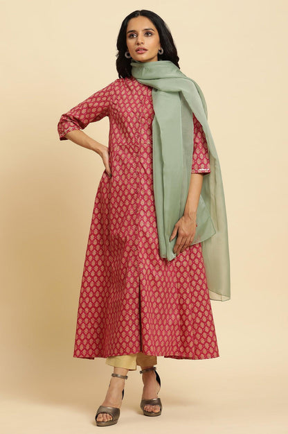 W for Woman Maroon Flared Festive Kurta, Pants And Organza Dupatta Set