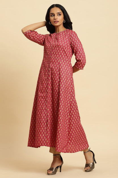 W for Woman Maroon Flared Festive Kurta, Pants And Organza Dupatta Set