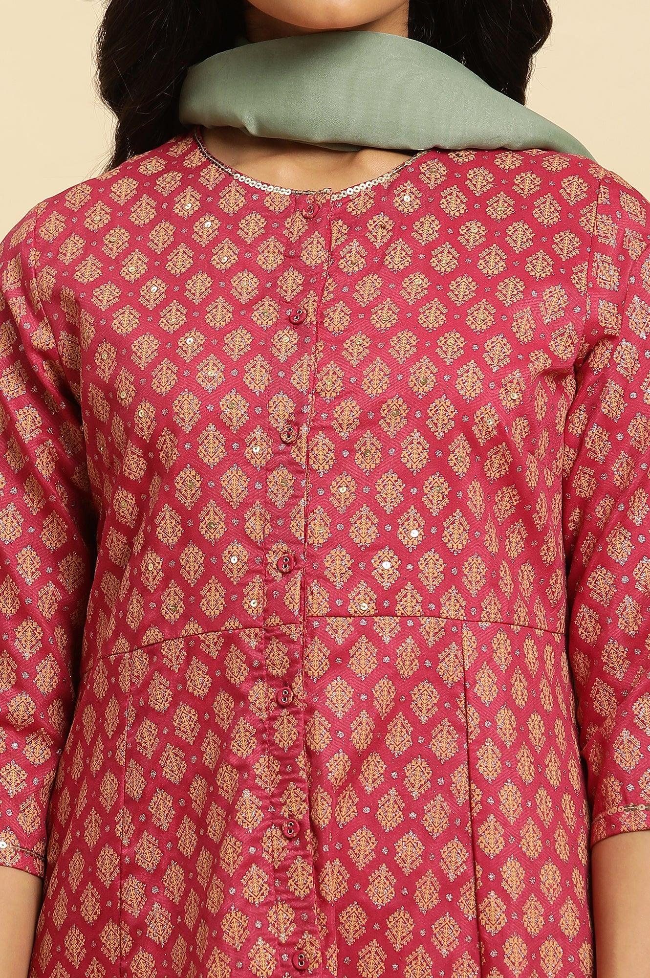 W for Woman Maroon Flared Festive Kurta, Pants And Organza Dupatta Set