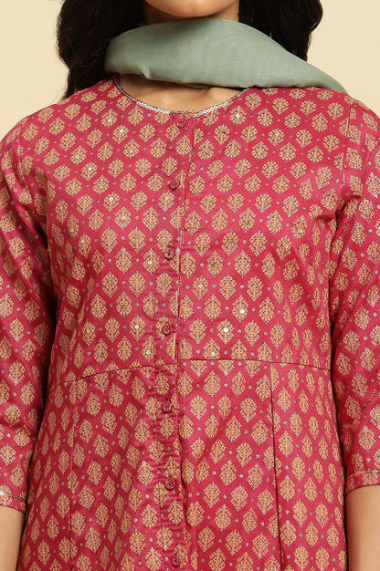 W for Woman Maroon Flared Festive Kurta, Pants And Organza Dupatta Set