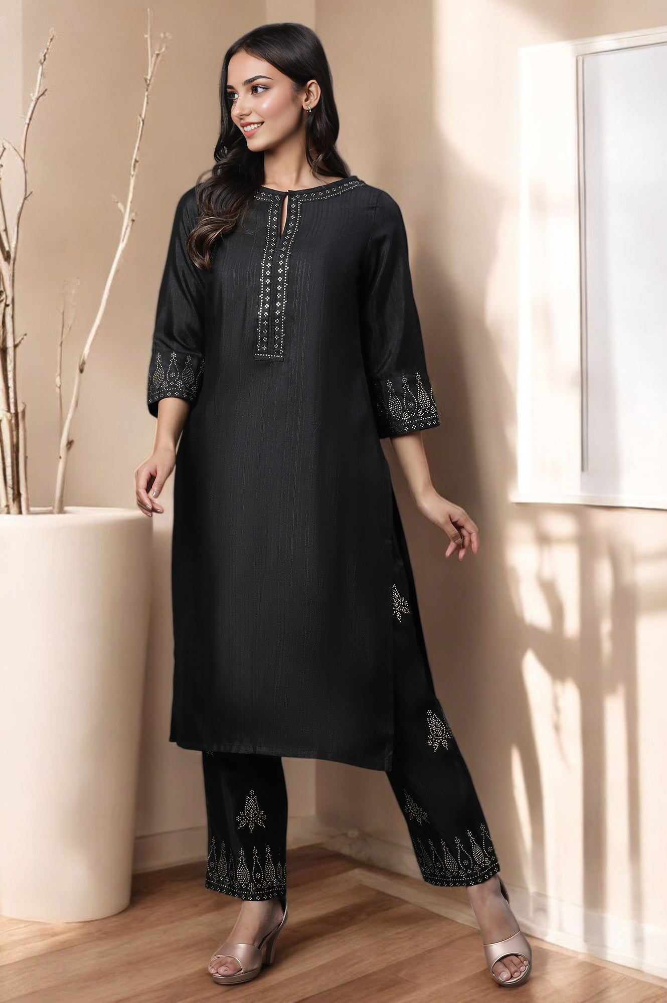 W for Woman Black Embellished Silk Kurta and Pants Co-ord Set with Keyhole Neck
