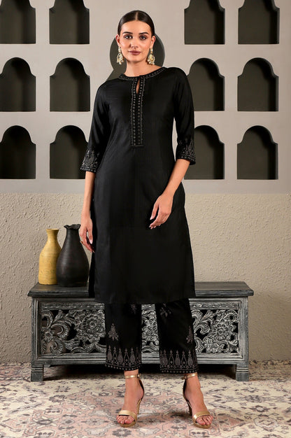 W for Woman Black Embellished Silk Kurta and Pants Co-ord Set with Keyhole Neck