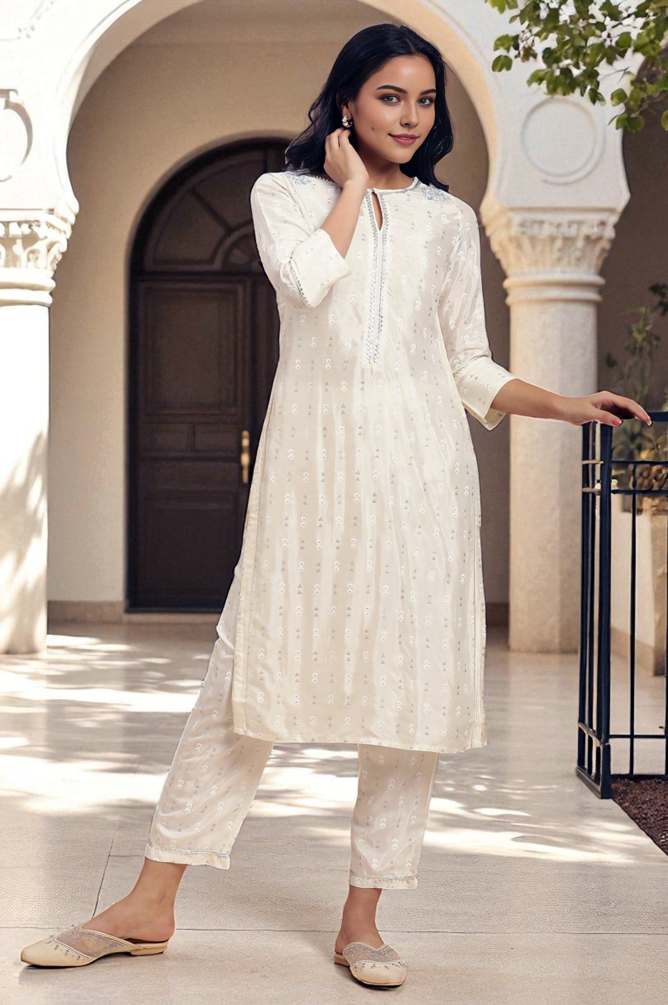 W for Woman White Floral Glitter Printed Shantung Kurta And Pants Set