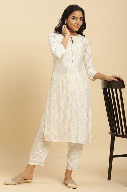 W for Woman White Floral Glitter Printed Shantung Kurta And Pants Set
