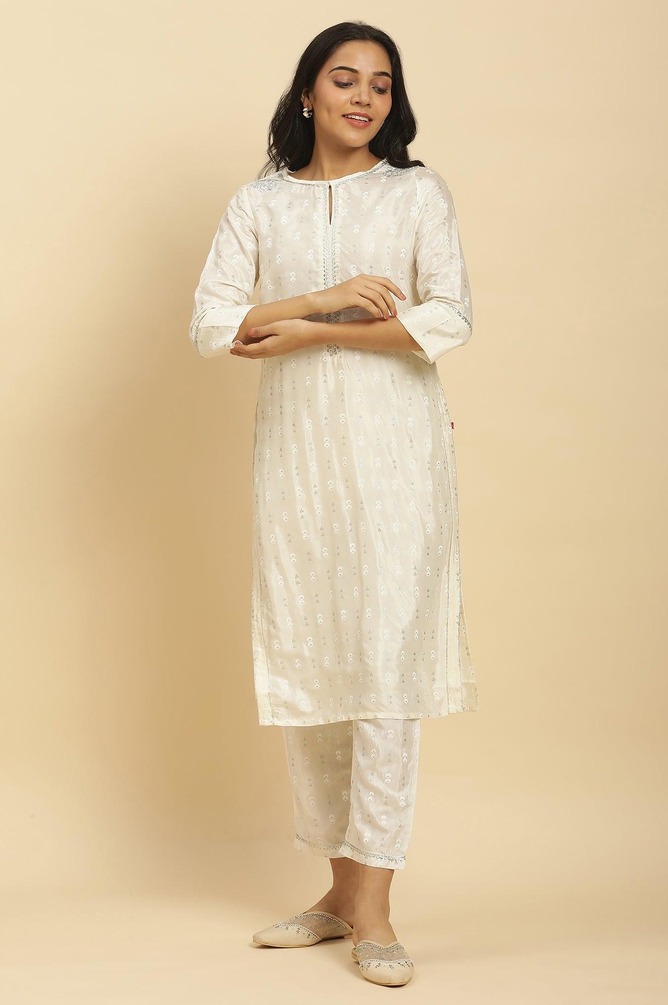 W for Woman White Floral Glitter Printed Shantung Kurta And Pants Set