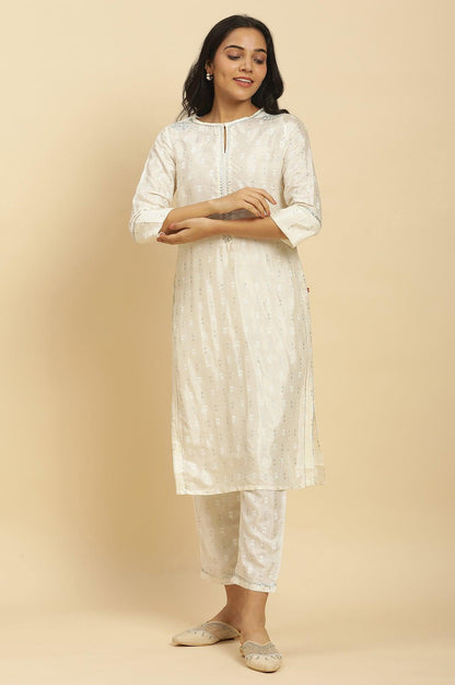 W for Woman White Floral Glitter Printed Shantung Kurta And Pants Set