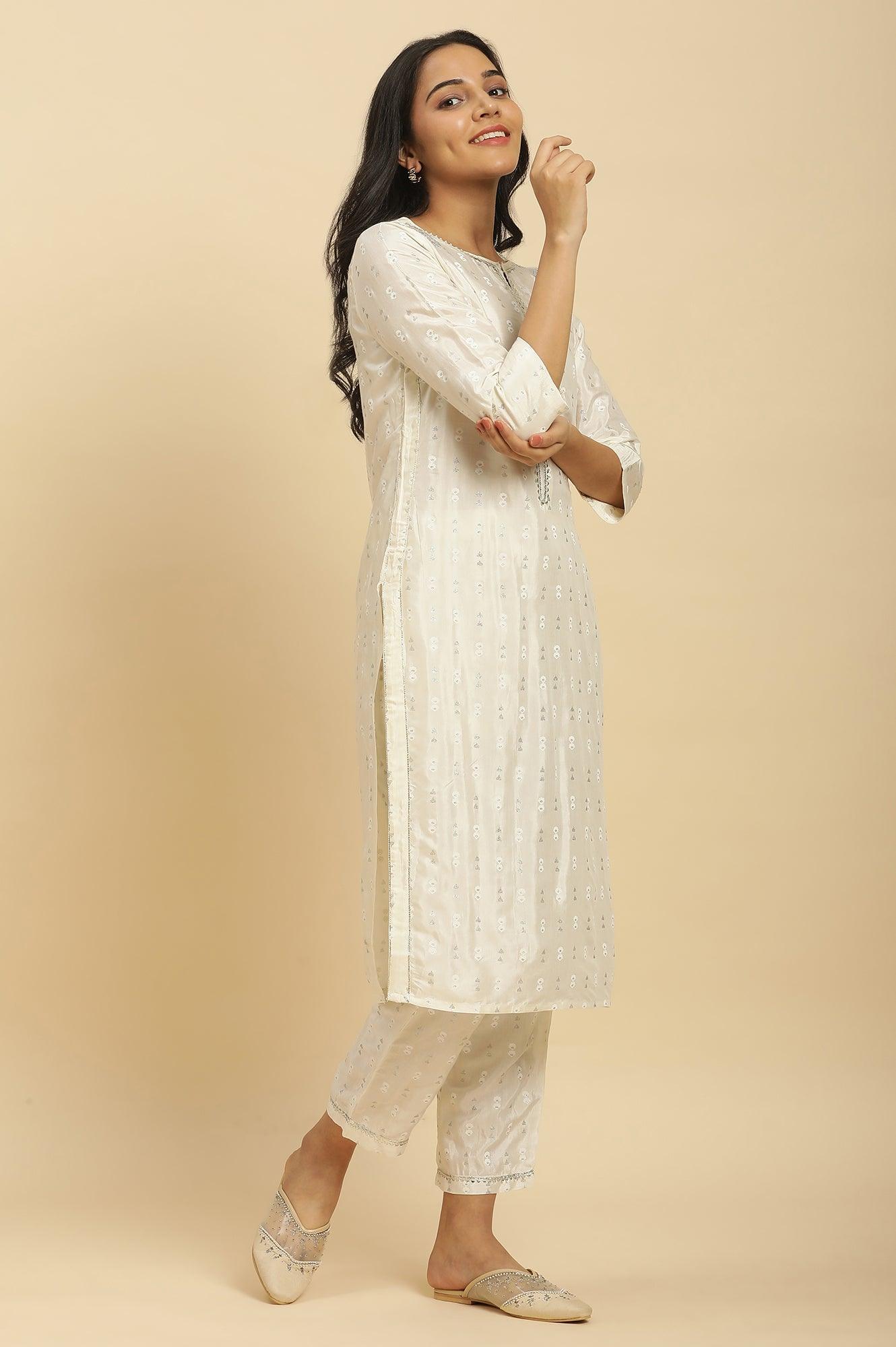 W for Woman White Floral Glitter Printed Shantung Kurta And Pants Set