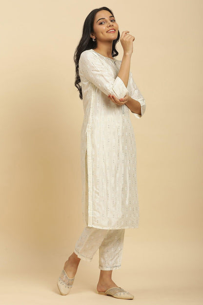 W for Woman White Floral Glitter Printed Shantung Kurta And Pants Set