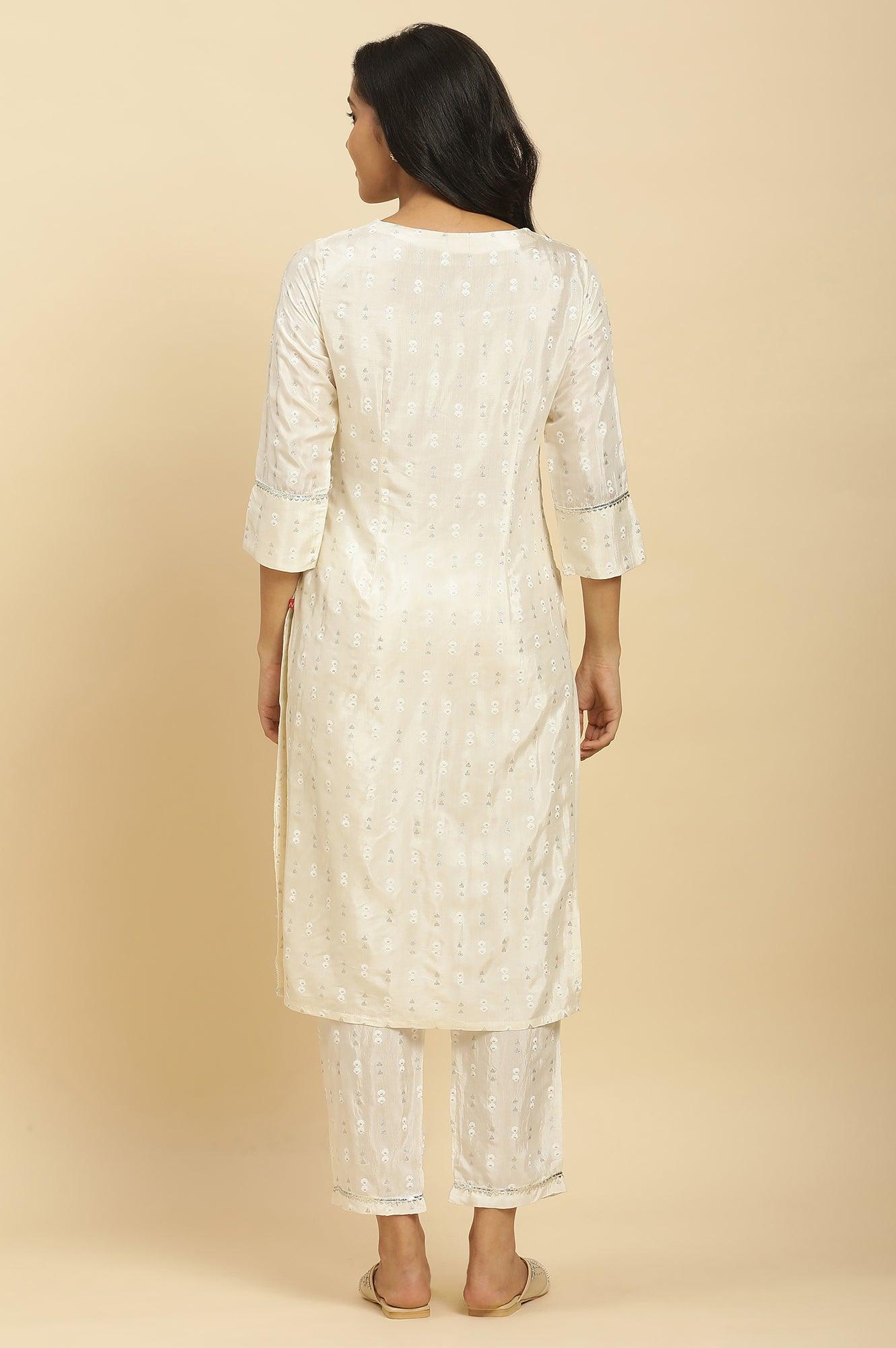 W for Woman White Floral Glitter Printed Shantung Kurta And Pants Set