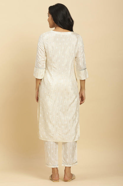 W for Woman White Floral Glitter Printed Shantung Kurta And Pants Set