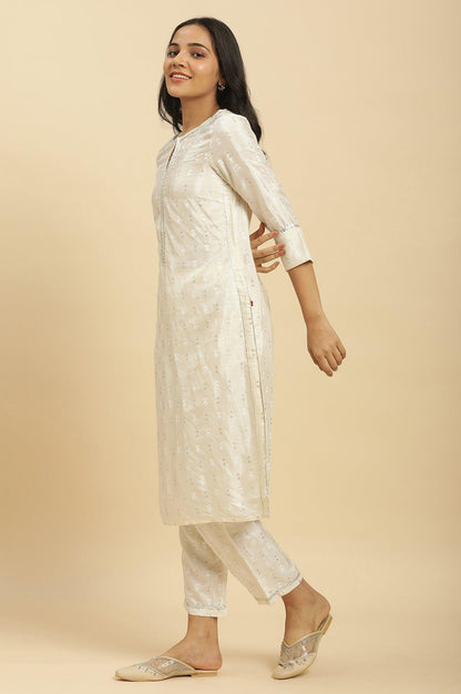 W for Woman White Floral Glitter Printed Shantung Kurta And Pants Set