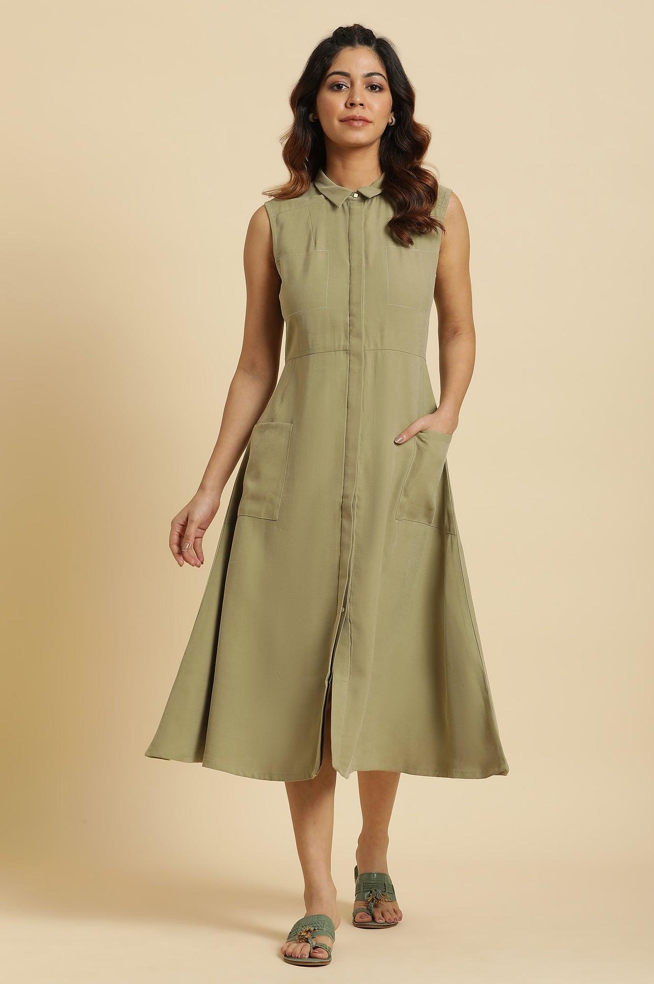 W for Woman Green Solid A-Line Tailored Long Dress