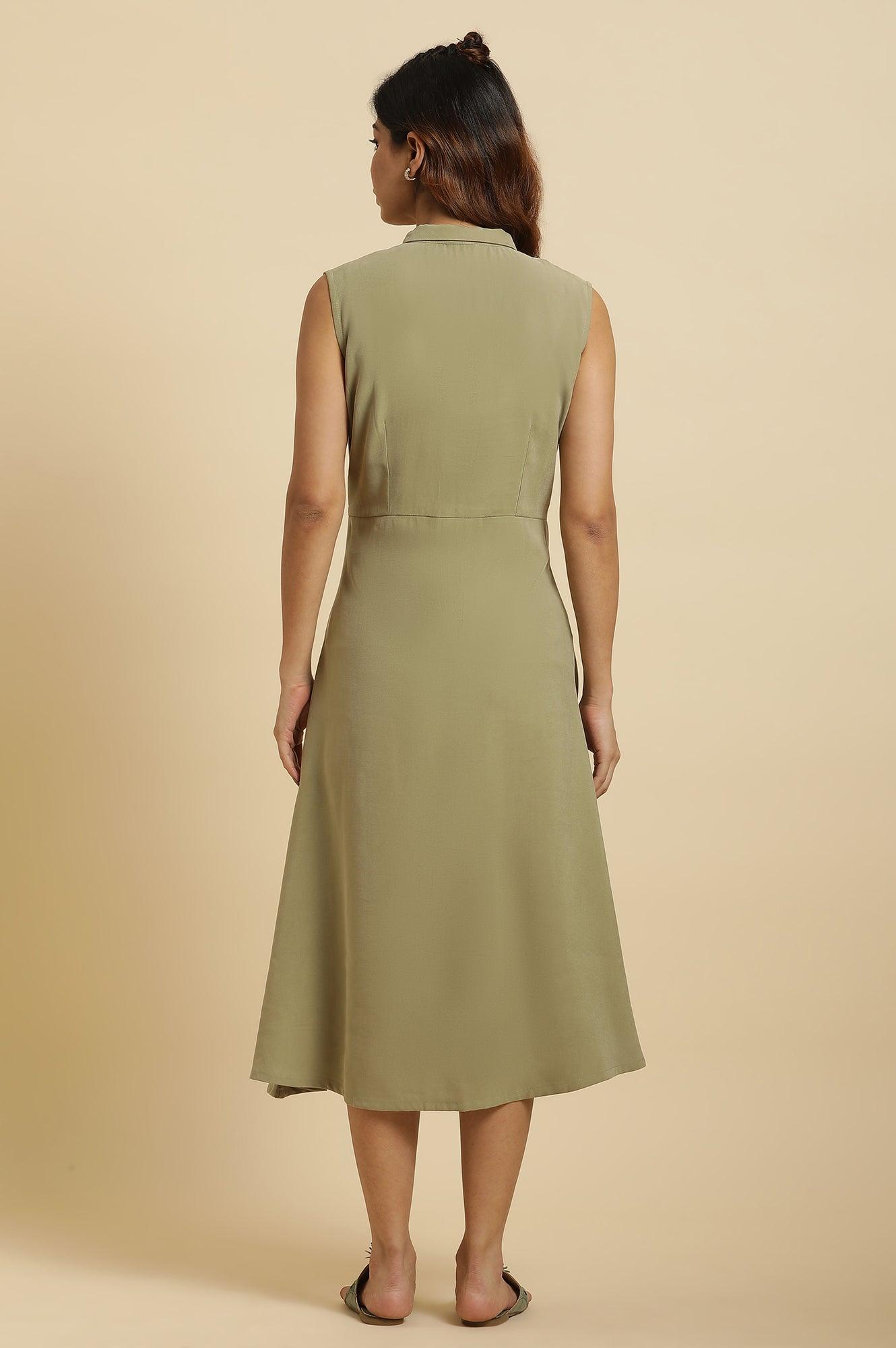 W for Woman Green Solid A-Line Tailored Long Dress