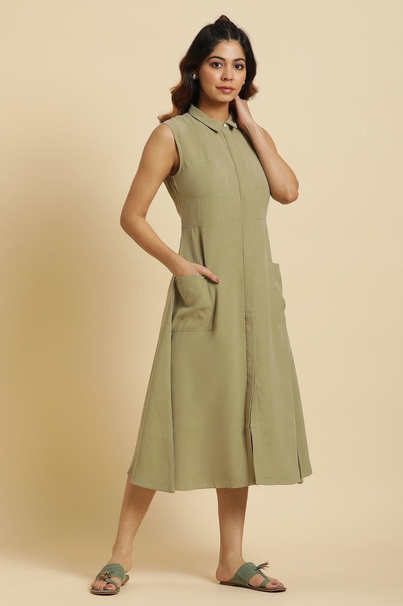 W for Woman Green Solid A-Line Tailored Long Dress