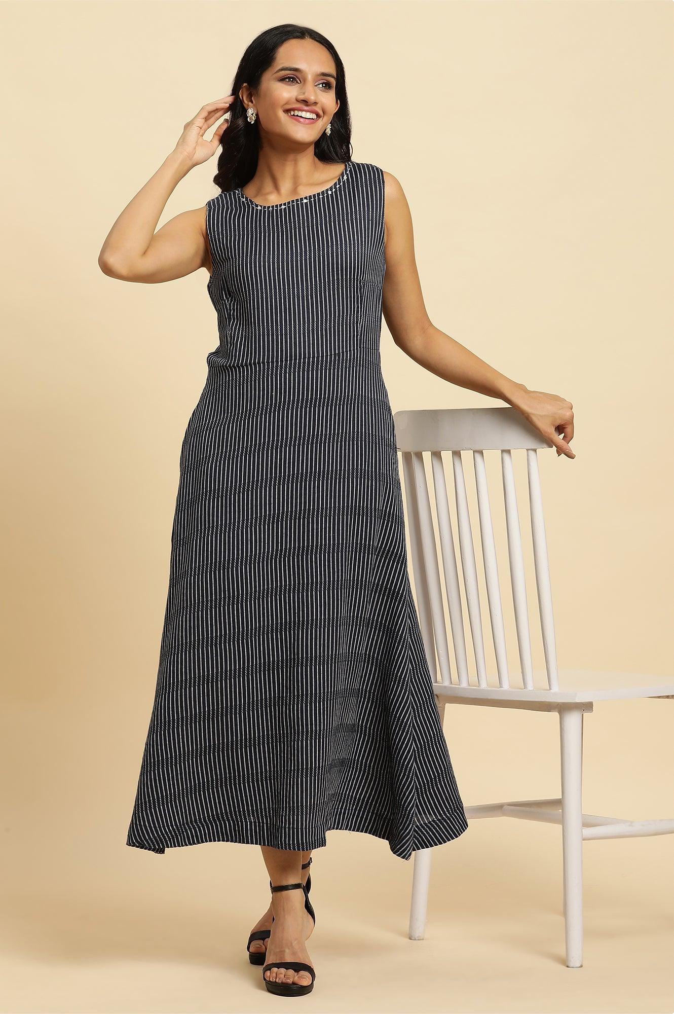 W for Woman Navy Stripes Fit And Flare Dress With Embroidered Neck