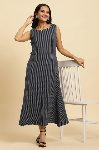 W for Woman Navy Stripes Fit And Flare Dress With Embroidered Neck