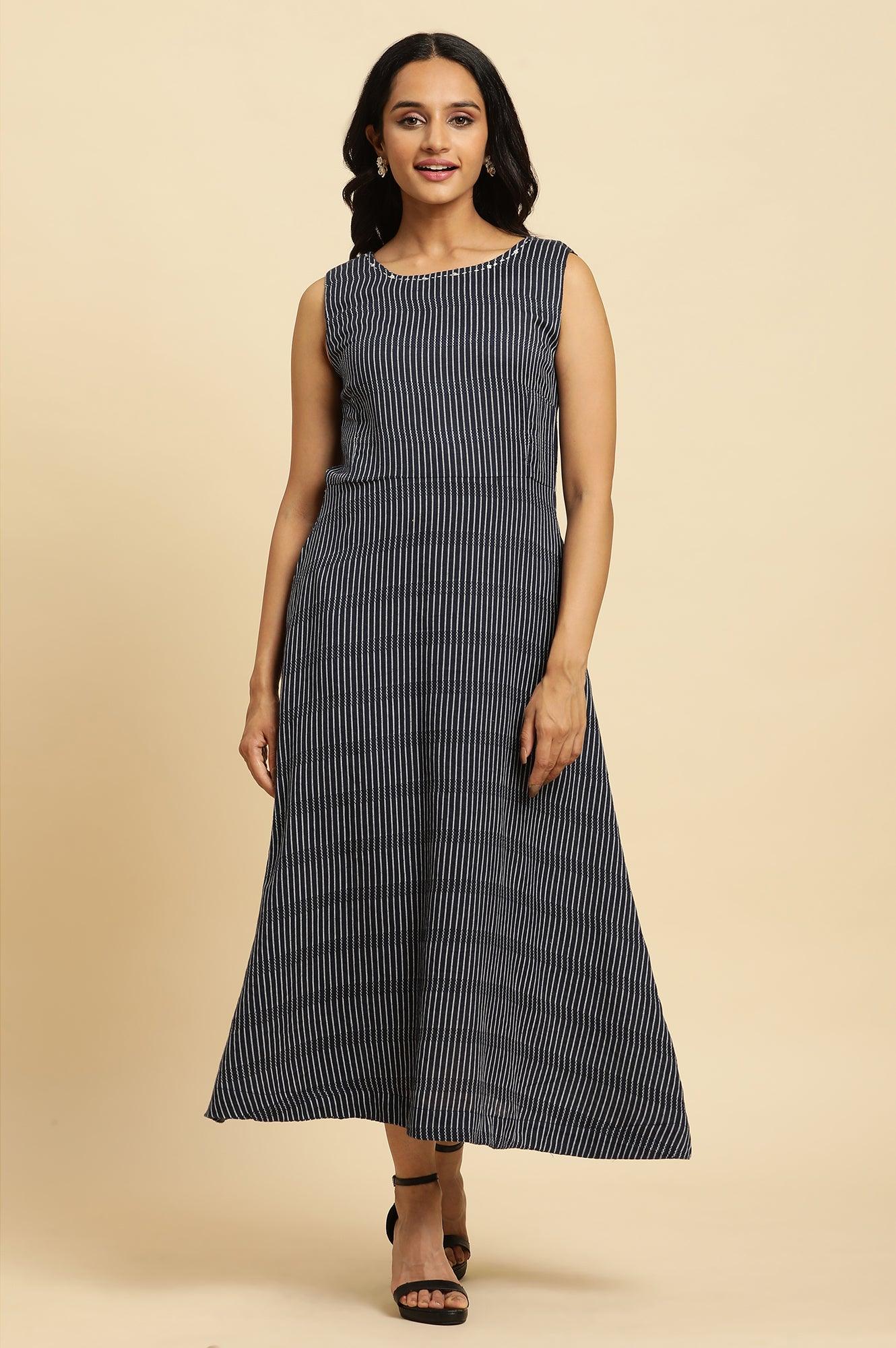 W for Woman Navy Stripes Fit And Flare Dress With Embroidered Neck