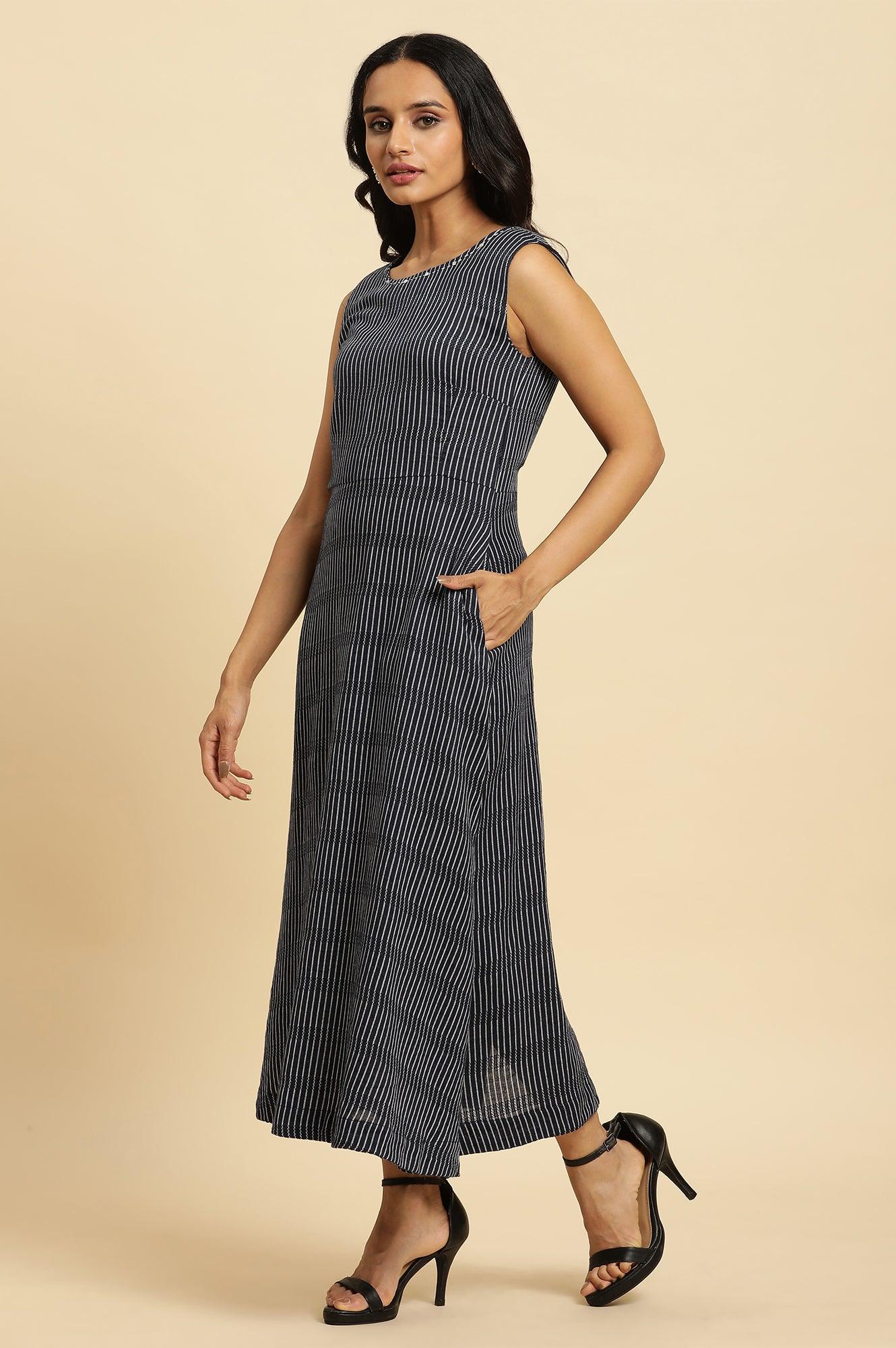 W for Woman Navy Stripes Fit And Flare Dress With Embroidered Neck