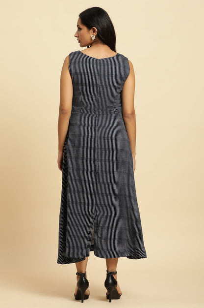 W for Woman Navy Stripes Fit And Flare Dress With Embroidered Neck