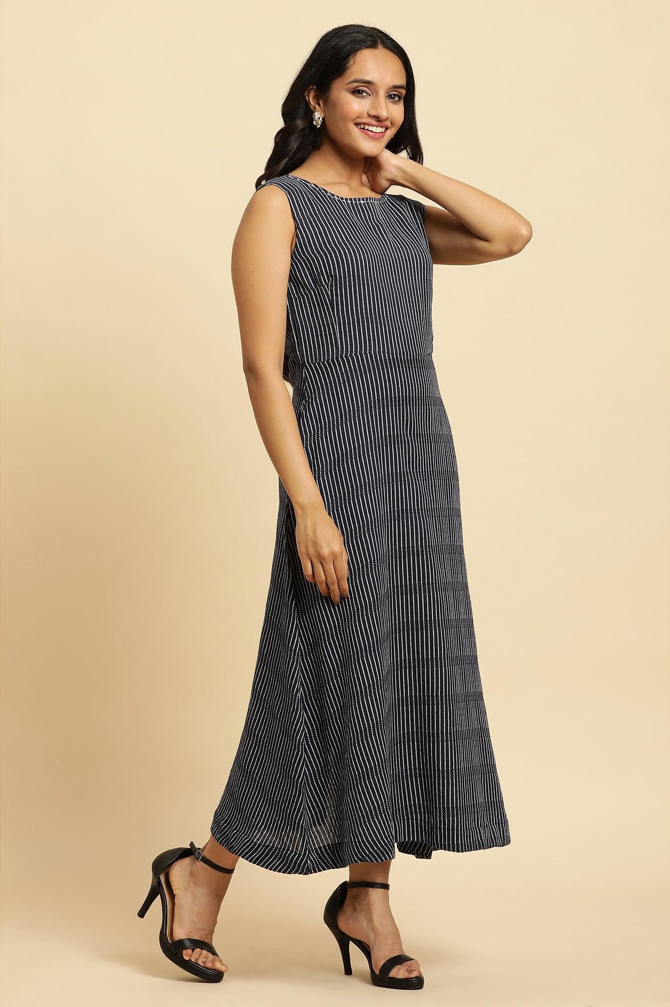 W for Woman Navy Stripes Fit And Flare Dress With Embroidered Neck