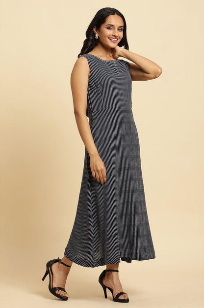 W for Woman Navy Stripes Fit And Flare Dress With Embroidered Neck