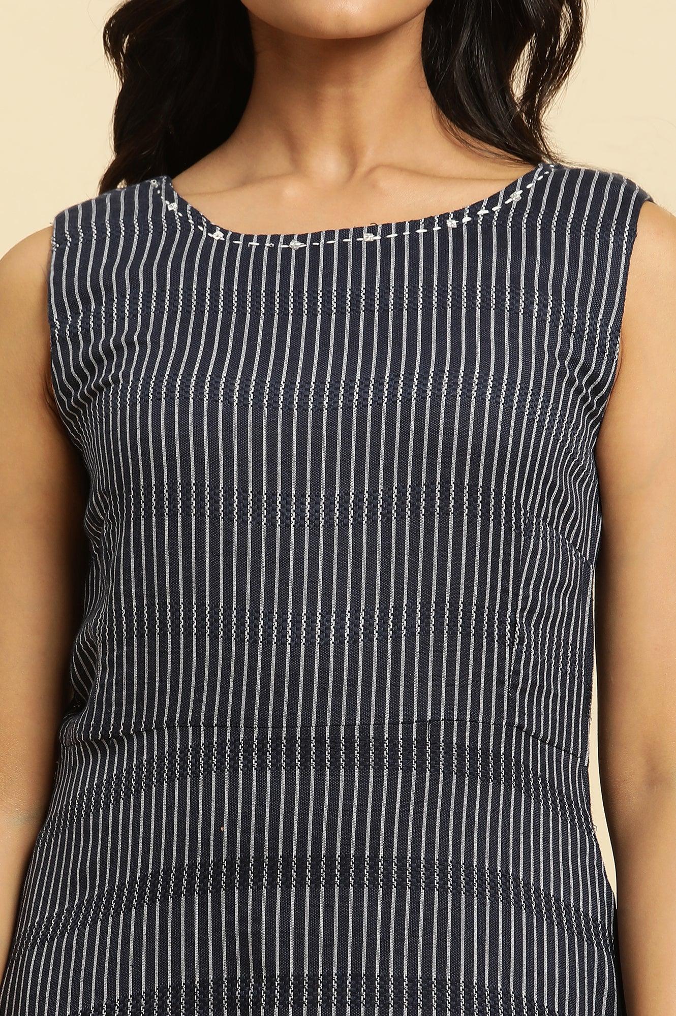 W for Woman Navy Stripes Fit And Flare Dress With Embroidered Neck