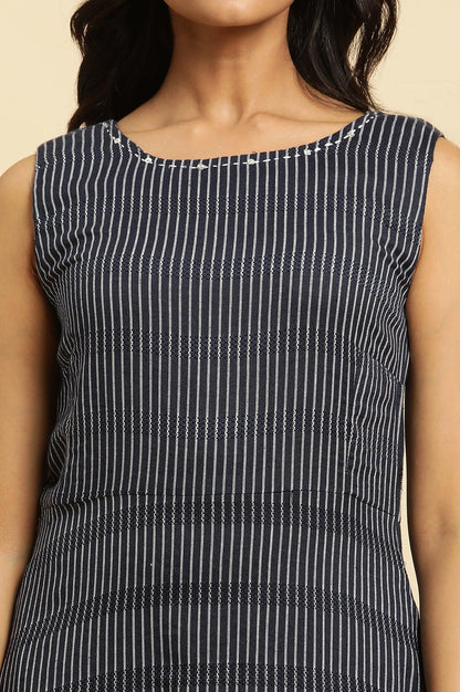 W for Woman Navy Stripes Fit And Flare Dress With Embroidered Neck