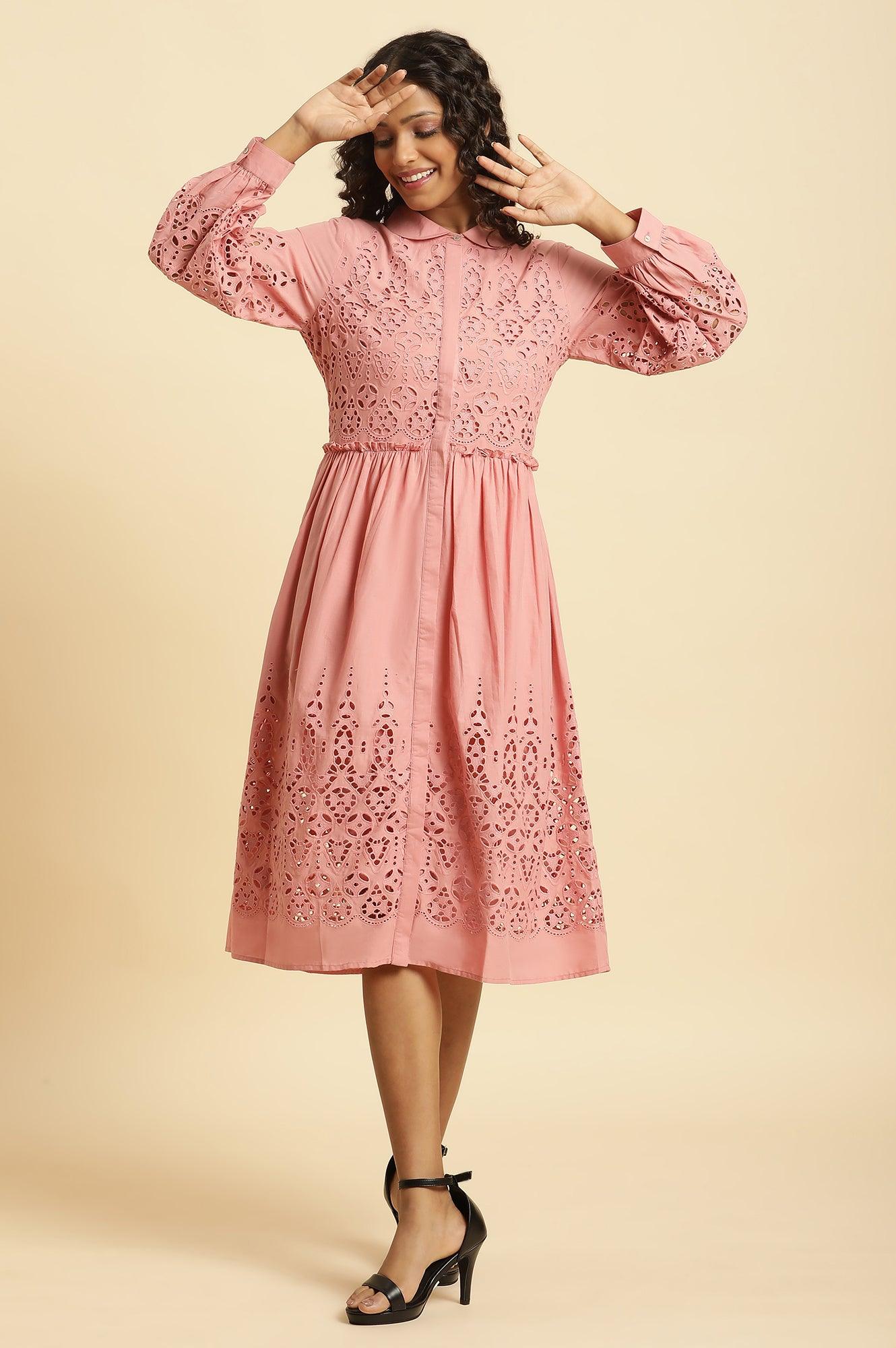 W for Woman Pink Schiffli Western Shirt Dress