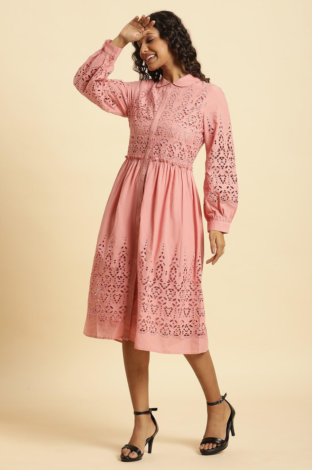 W for Woman Pink Schiffli Western Shirt Dress