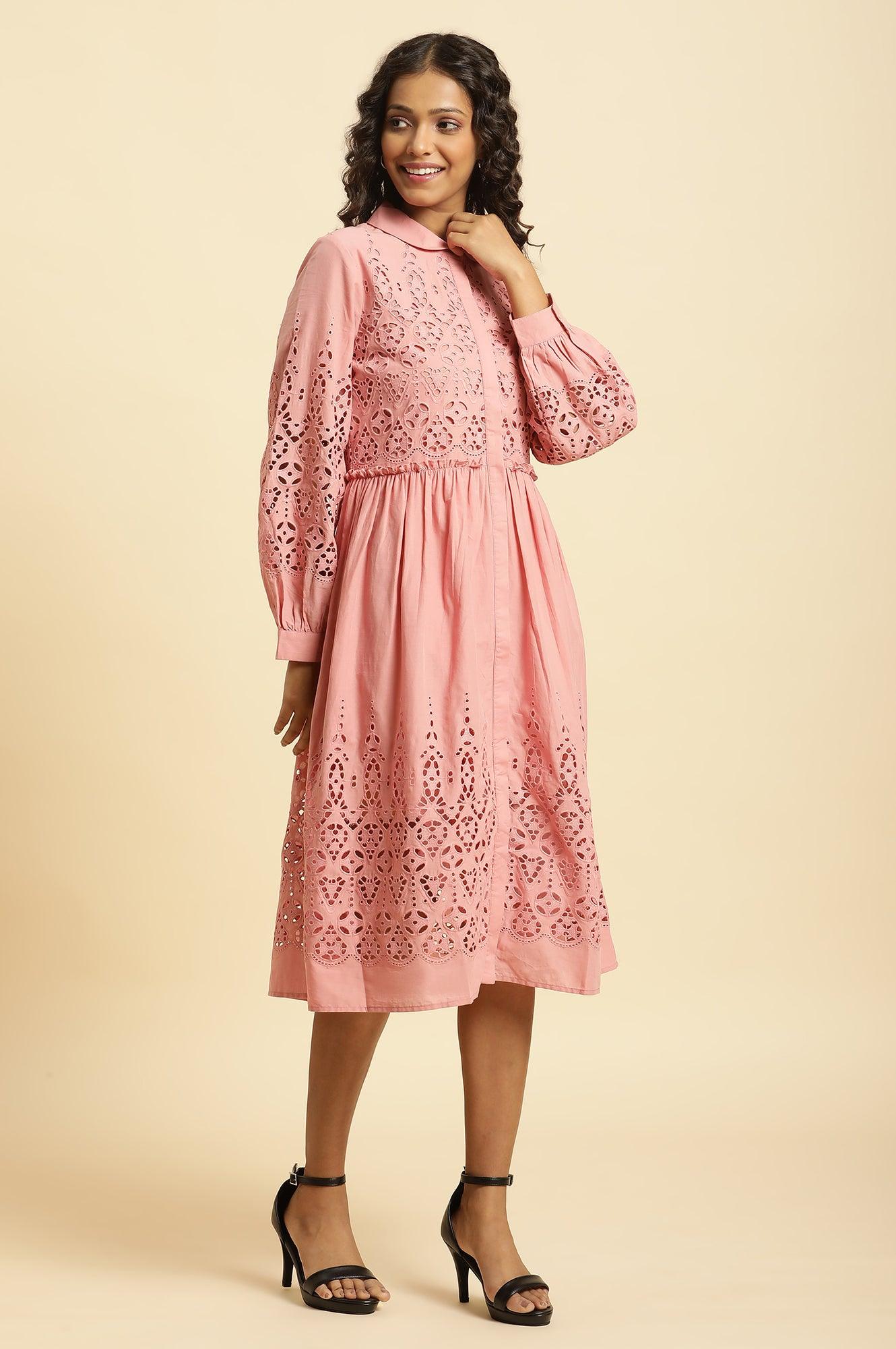 W for Woman Pink Schiffli Western Shirt Dress