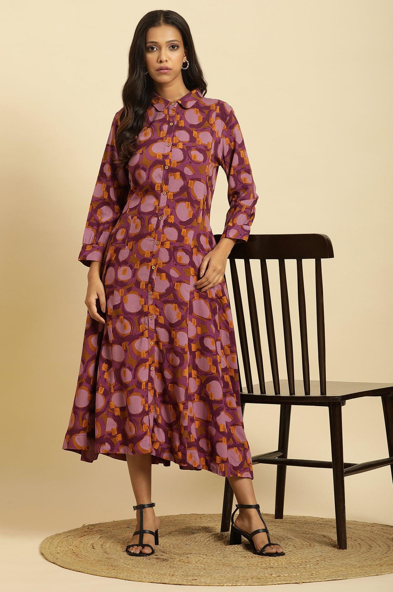 W for Woman Purple Abstract Printed A-Line Western Dress