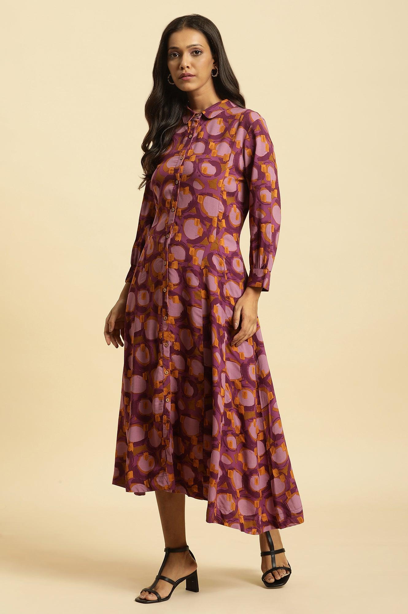W for Woman Purple Abstract Printed A-Line Western Dress