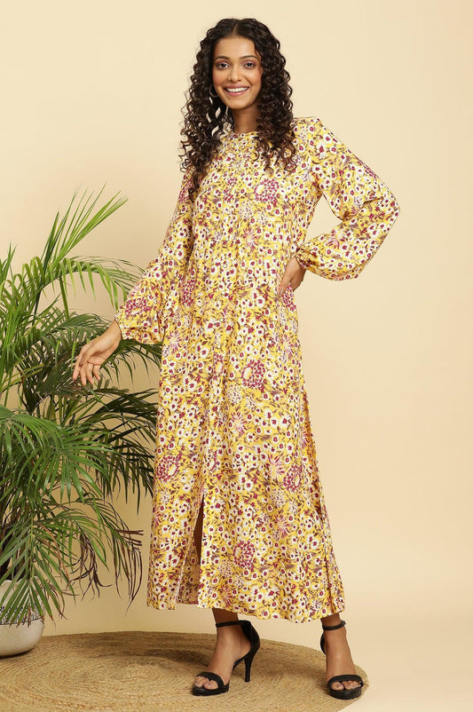 W for Woman Yellow Floral Printed Flared Western Dress