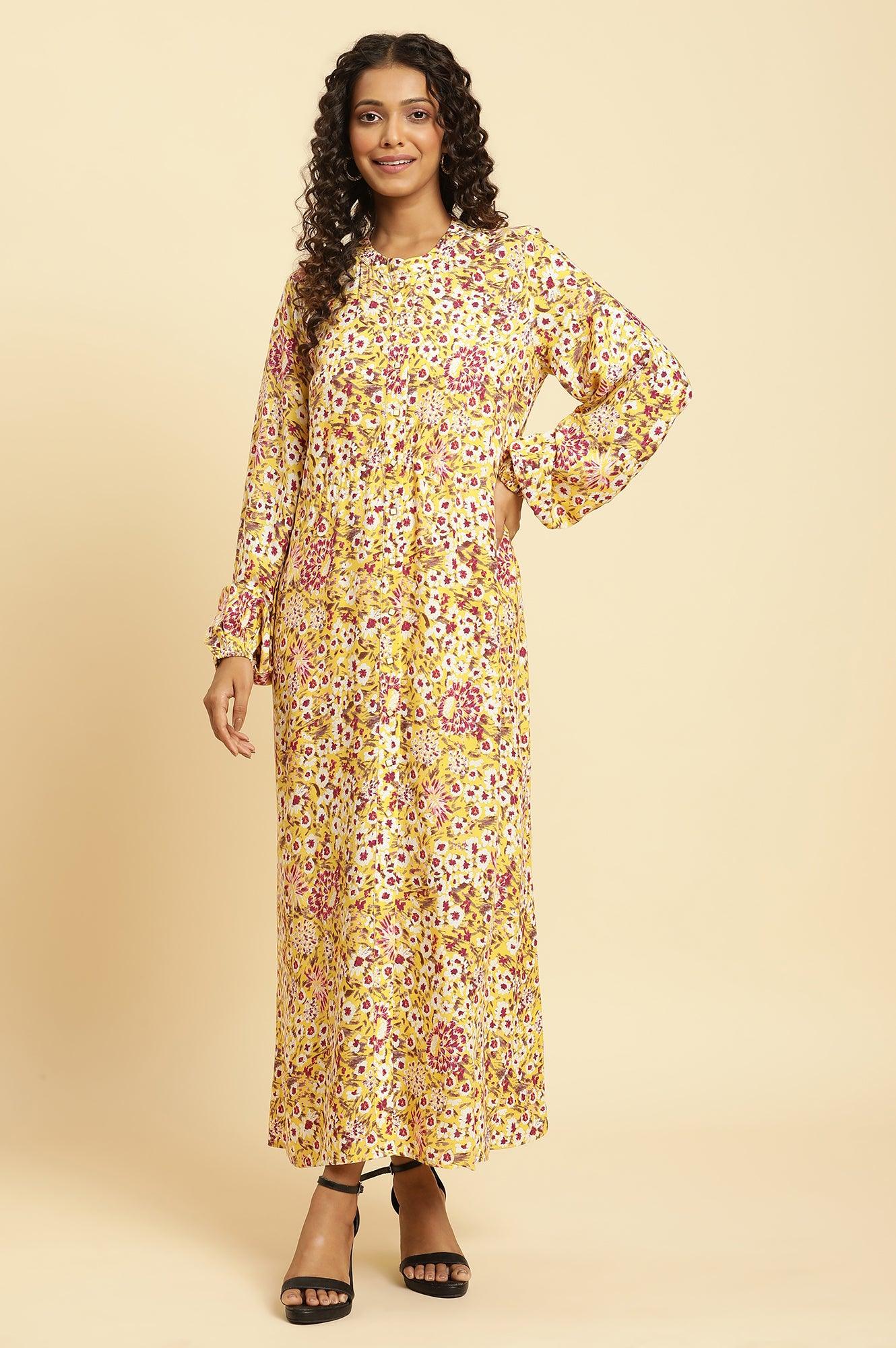 W for Woman Yellow Floral Printed Flared Western Dress