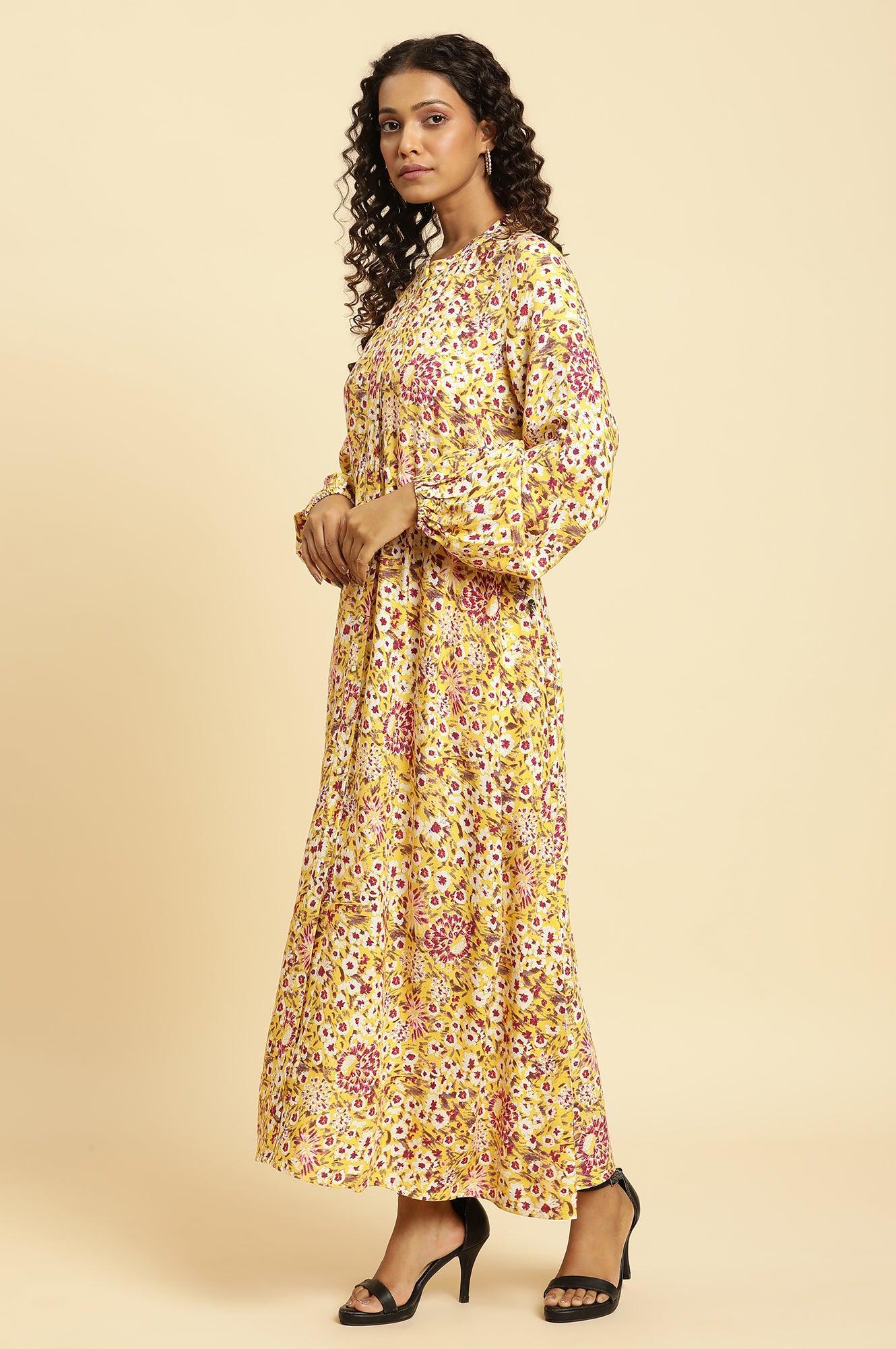 W for Woman Yellow Floral Printed Flared Western Dress