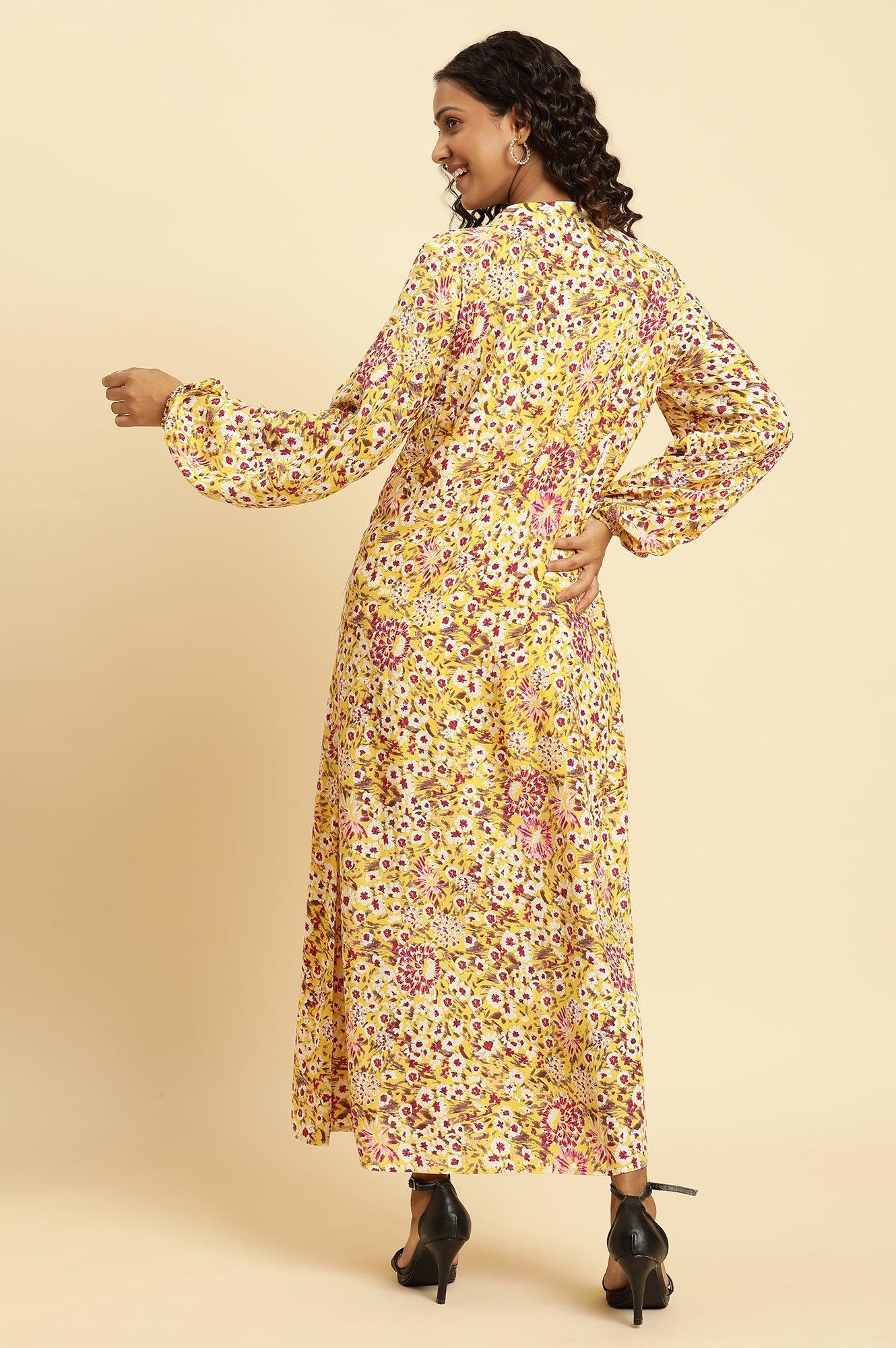 W for Woman Yellow Floral Printed Flared Western Dress