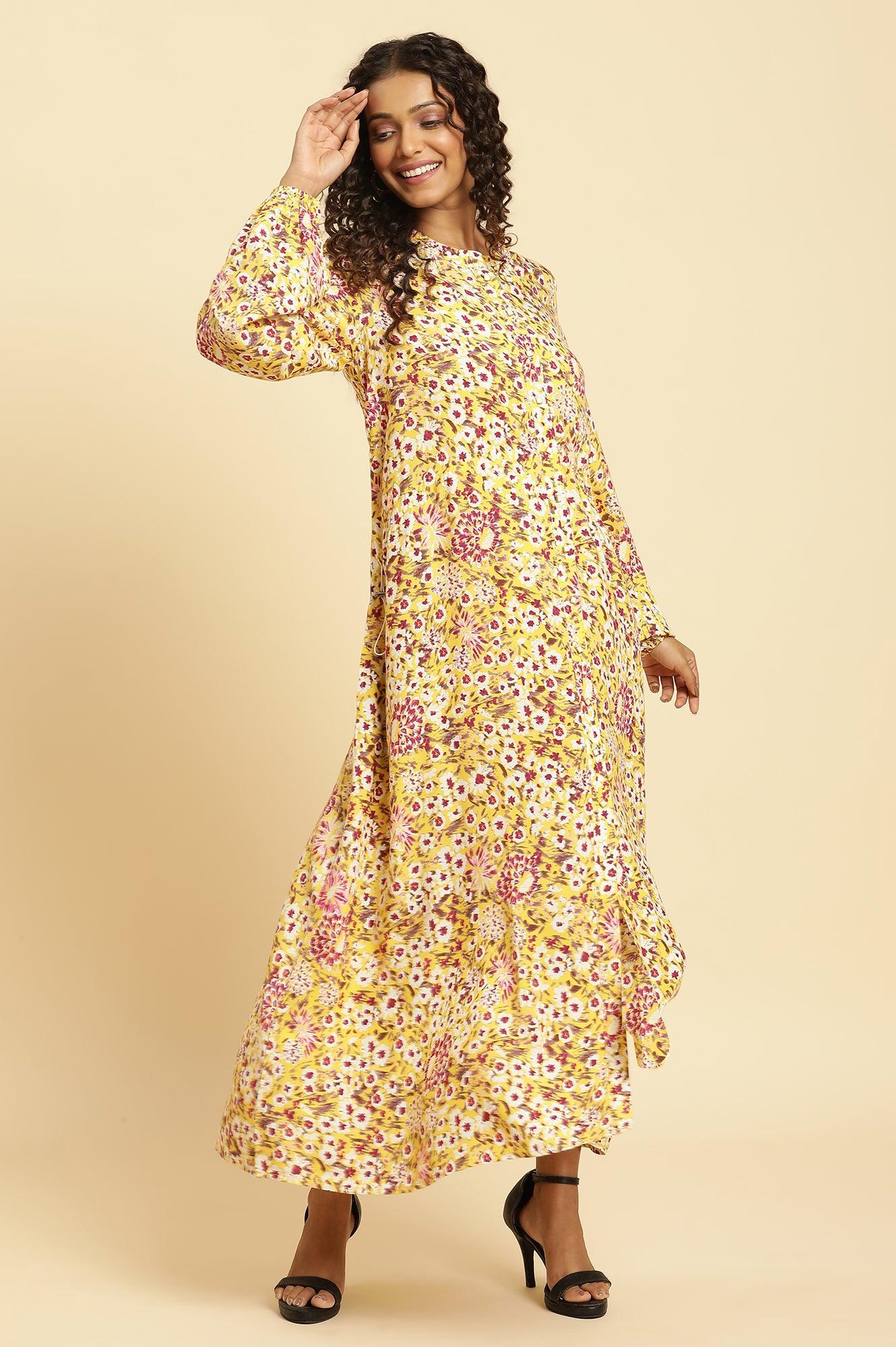 W for Woman Yellow Floral Printed Flared Western Dress