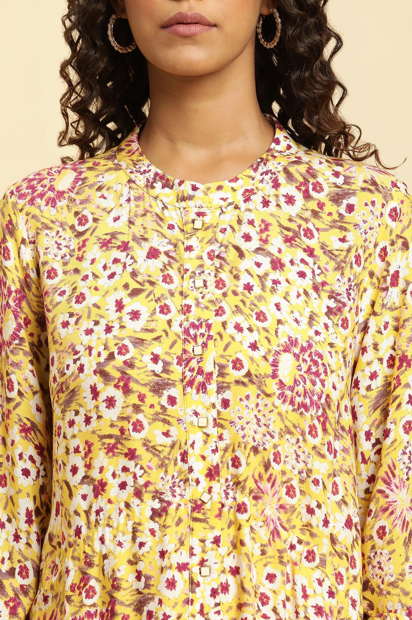 W for Woman Yellow Floral Printed Flared Western Dress